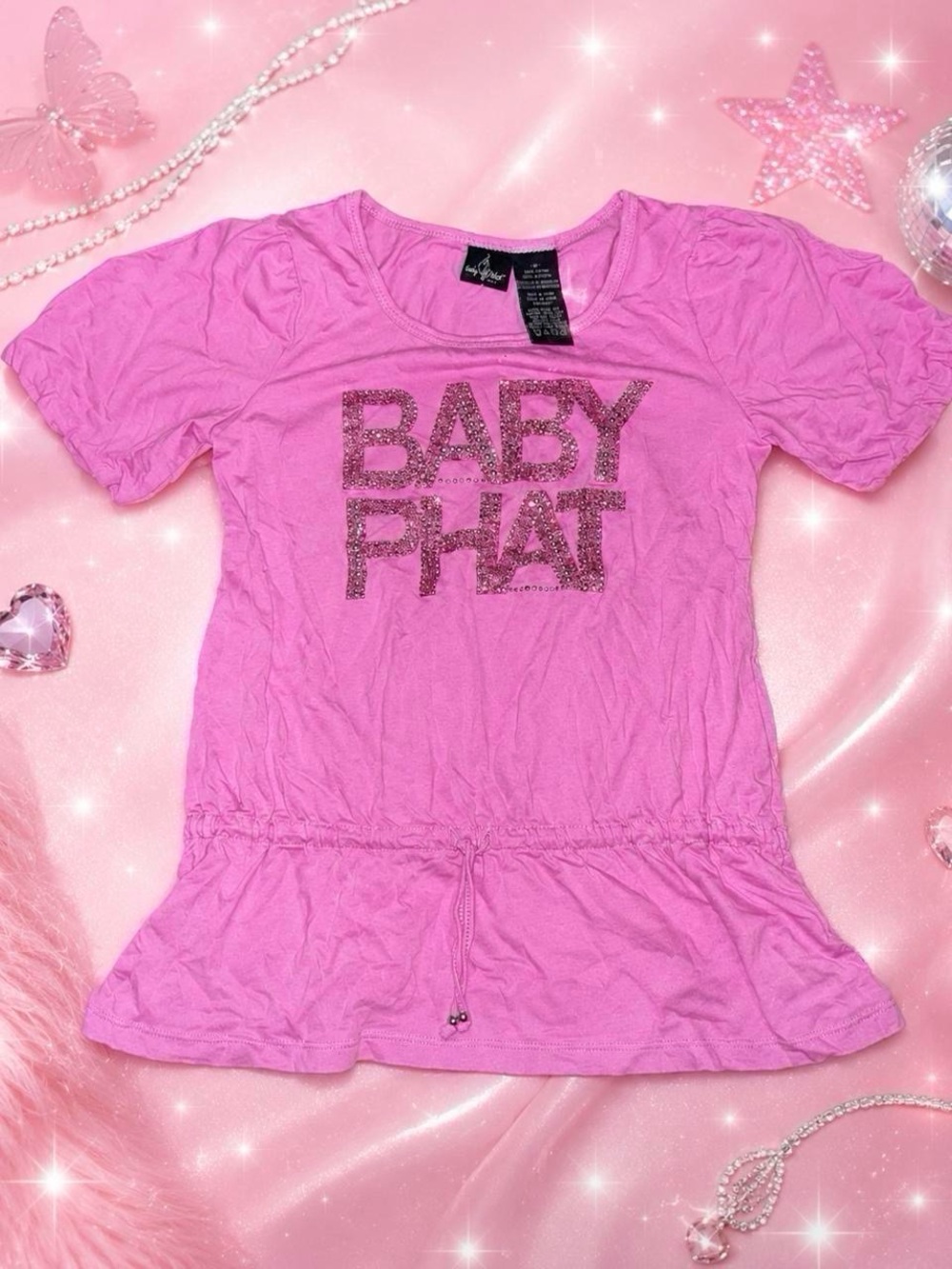 Vintage Y2K baby phat pink rhinestone bling baby doll top size m